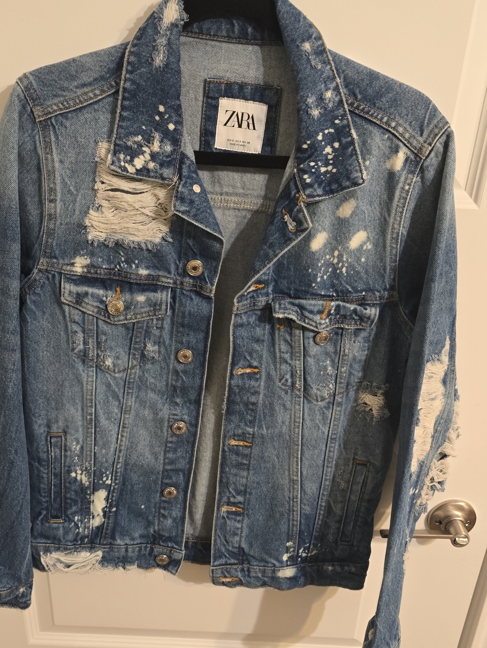 ZARA Blue Distressed Paint-Splatter Denim Jacket